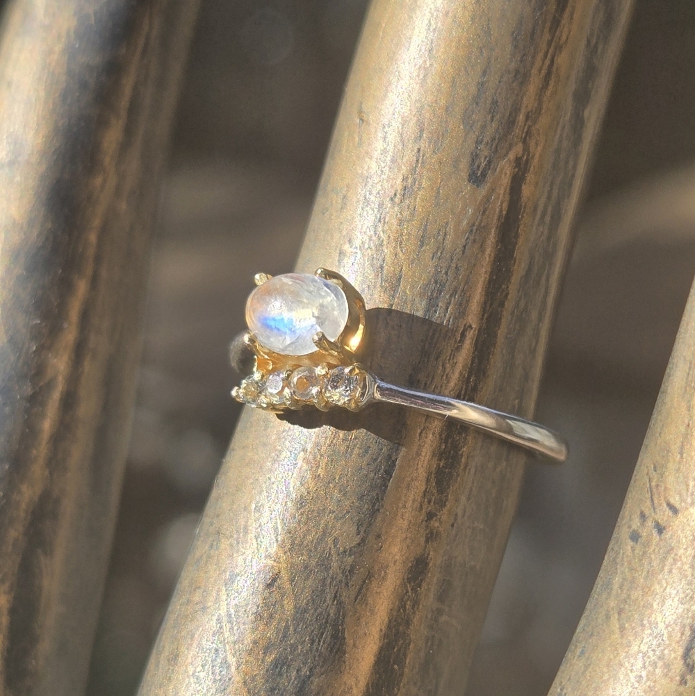 Moonstone & Topaz Natural Gemstone Sterling & Gold Ring Sz7 - Picture 3 of 10